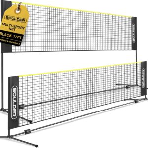 Boulder Badminton Pickleball Net – Height Adjustable Portable Net for Junior Tennis, Kids Volleyball & Soccer, and Backyard Games – Easy Setup Nylon Sports Net with Poles 10 ft/14ft/17ft Wide